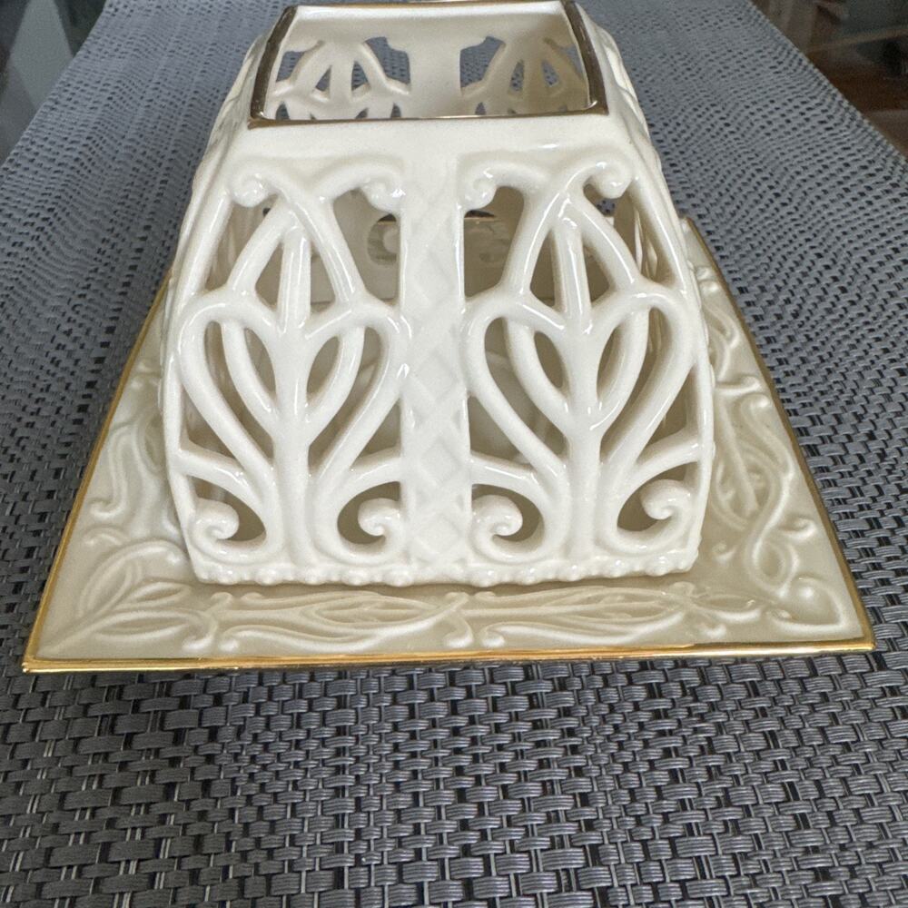 Lenox Illuminations Pierced Tealight Gold Rimmed Square Base Candle Holder